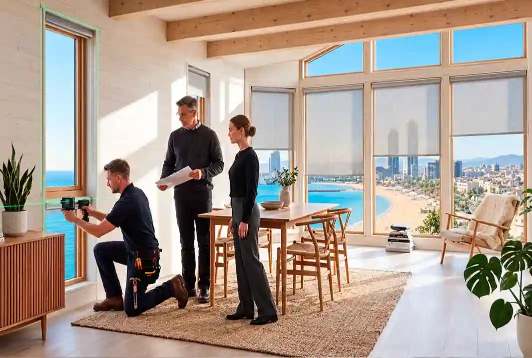 Cortinas a medida tipo plisadas en la cocina de un famoso restaurante de Barcelona